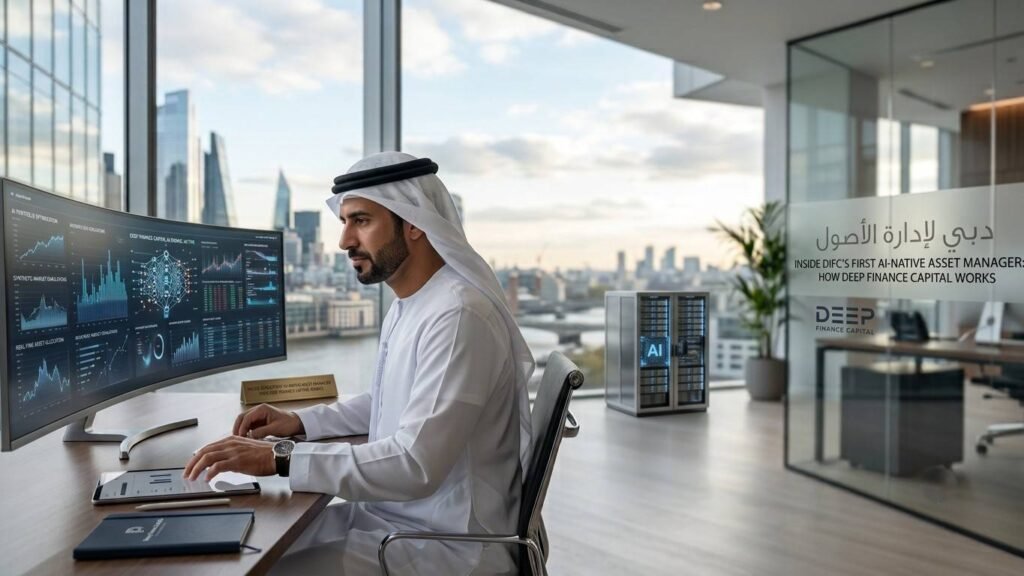 An Emirati male finance professional in a white kandura and ghutra sits at a wooden desk in a high-rise office in Dubai, analyzing complex data on a wide curved monitor and a tablet. The frosted glass wall behind him features the Deep Finance Capital logo and Arabic typography. Through the floor-to-ceiling windows, the modern Dubai city skyline stretches into the background under a soft, cloudy sky.