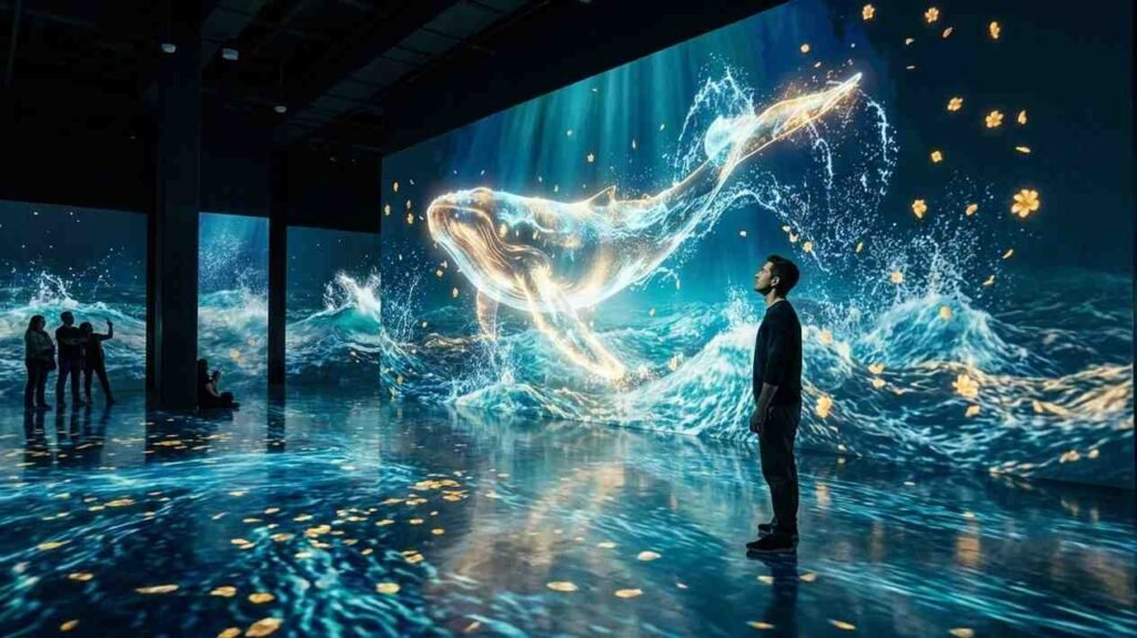 Immersive whale projection inside ARTE Museum Dubai, with glowing digital ocean waves covering the walls and floor as visitors explore the interactive art installation.