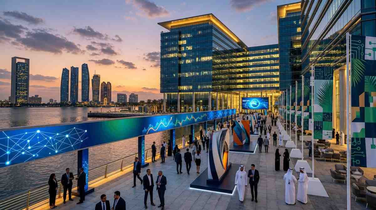 Business professionals gather along the waterfront at Abu Dhabi Global Market during Abu Dhabi Finance Week, with modern office towers, digital finance displays, and the Abu Dhabi skyline at sunset highlighting the city's role as a global financial and investment hub.