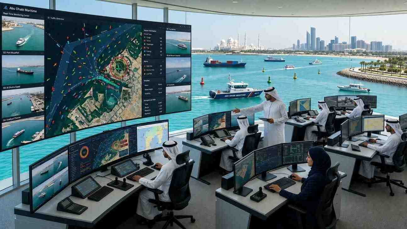 AI powered maritime monitoring control centre in Abu Dhabi with operators using live radar, surveillance screens and vessel tracking systems overlooking the city's waterfront.