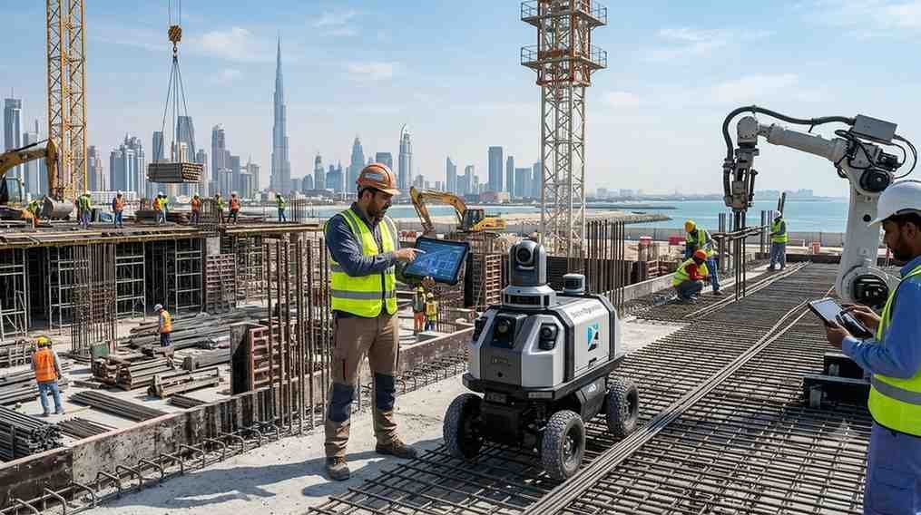 Construction workers use agentic AI systems, robotic equipment, and digital monitoring tools at a Dubai construction site, with the Burj Khalifa visible in the background.