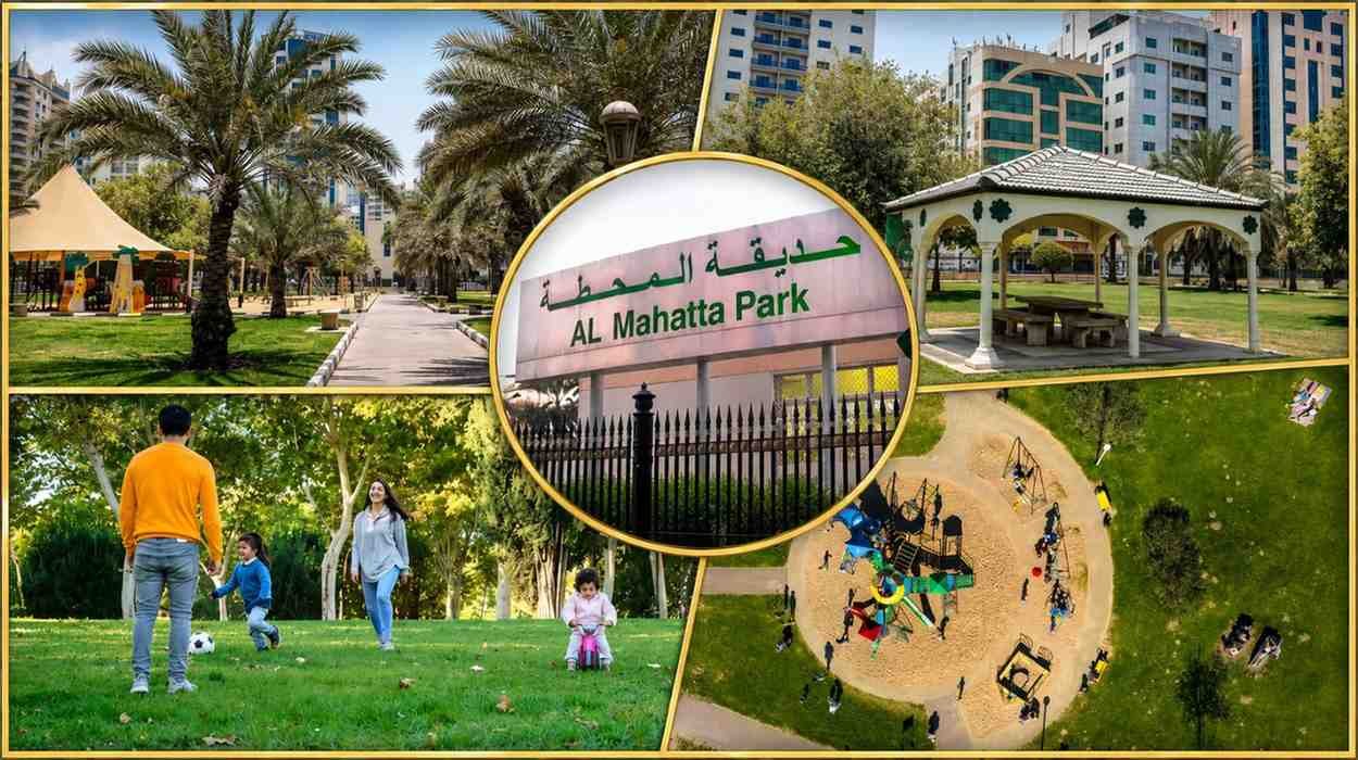 Al Mahatta Park Sharjah collage showing palm lined walking paths, a family picnic area, children's playground, gazebo, aerial view of the park, and the Al Mahatta Park entrance sign in central Sharjah.