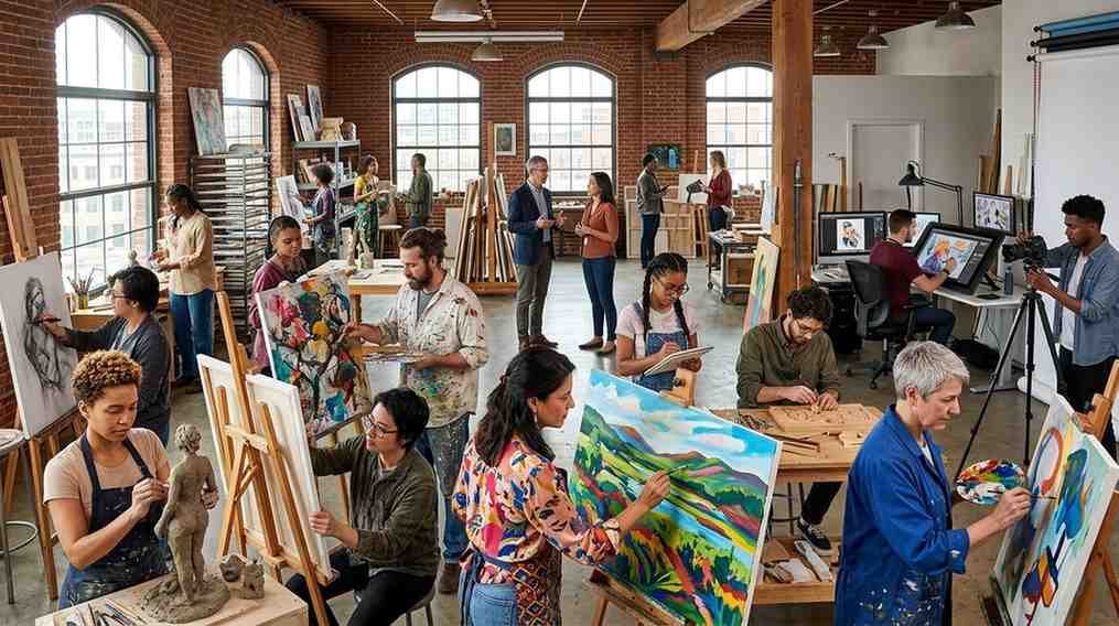 Adults participating in painting, sculpting, and digital art activities inside a spacious community art studio with large windows and wooden workstations.