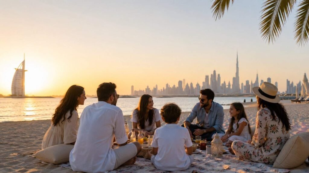 Beach picnic with city skyline at sunset