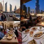 Collage showcasing the best restaurants in Dubai, featuring street food in Karama, Bu Qtair seafood, traditional Emirati dining, and luxury fine dining with Burj Khalifa fountain views.
