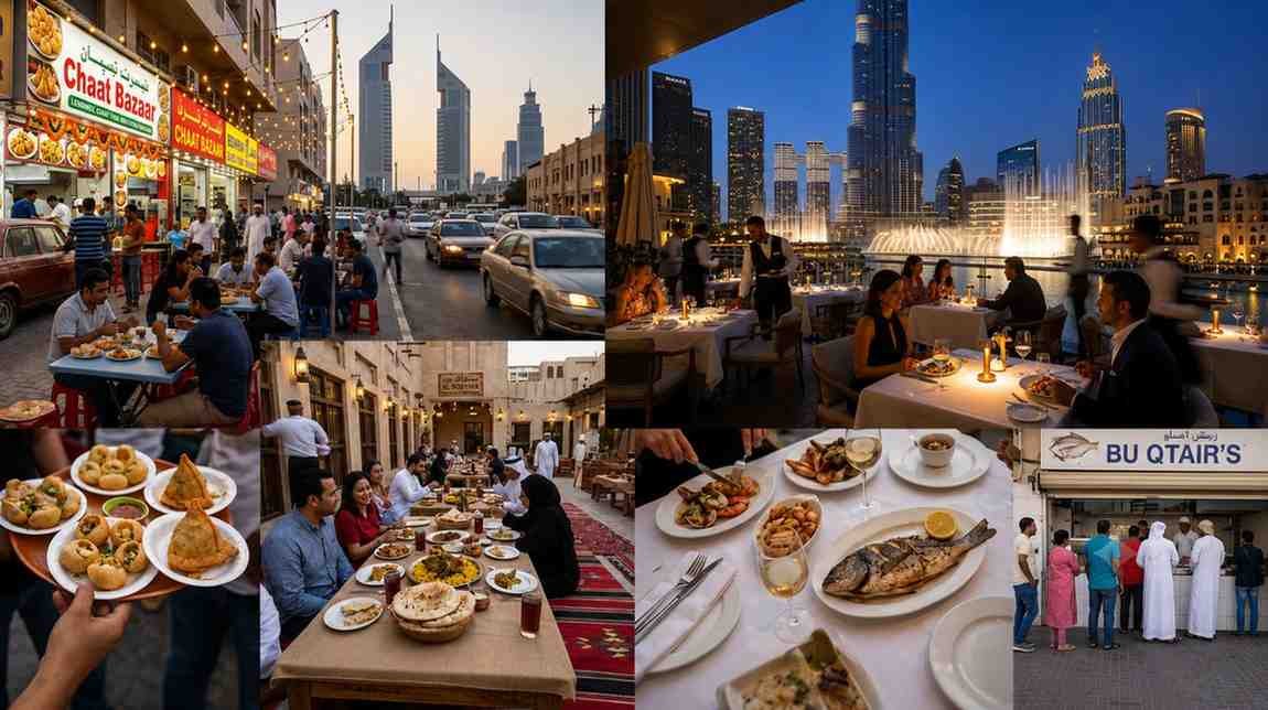 Collage showcasing the best restaurants in Dubai, featuring street food in Karama, Bu Qtair seafood, traditional Emirati dining, and luxury fine dining with Burj Khalifa fountain views.
