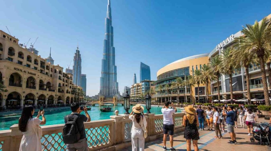 Tourists gather near the Dubai Fountain with Burj Khalifa towering above Downtown Dubai, highlighting the city's thriving tourism industry and modern skyline.