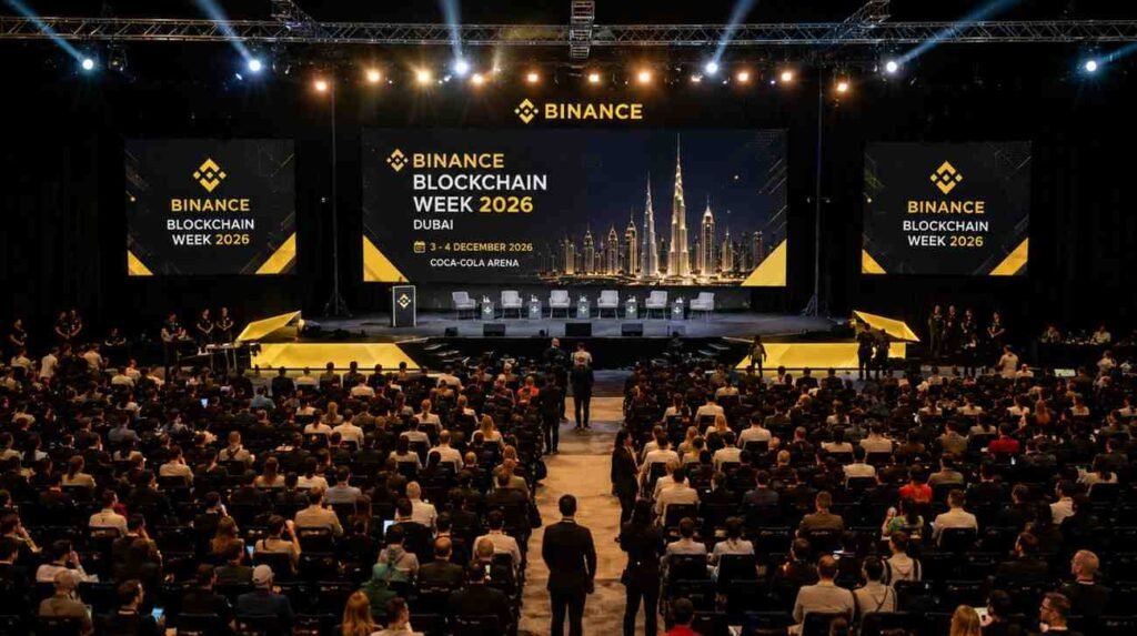 Audience attending Binance Blockchain Week 2026 at Dubai's Coca Cola Arena, with a large stage displaying Binance branding, the 2026 event dates, speaker seating, and hundreds of blockchain professionals gathered for the conference.