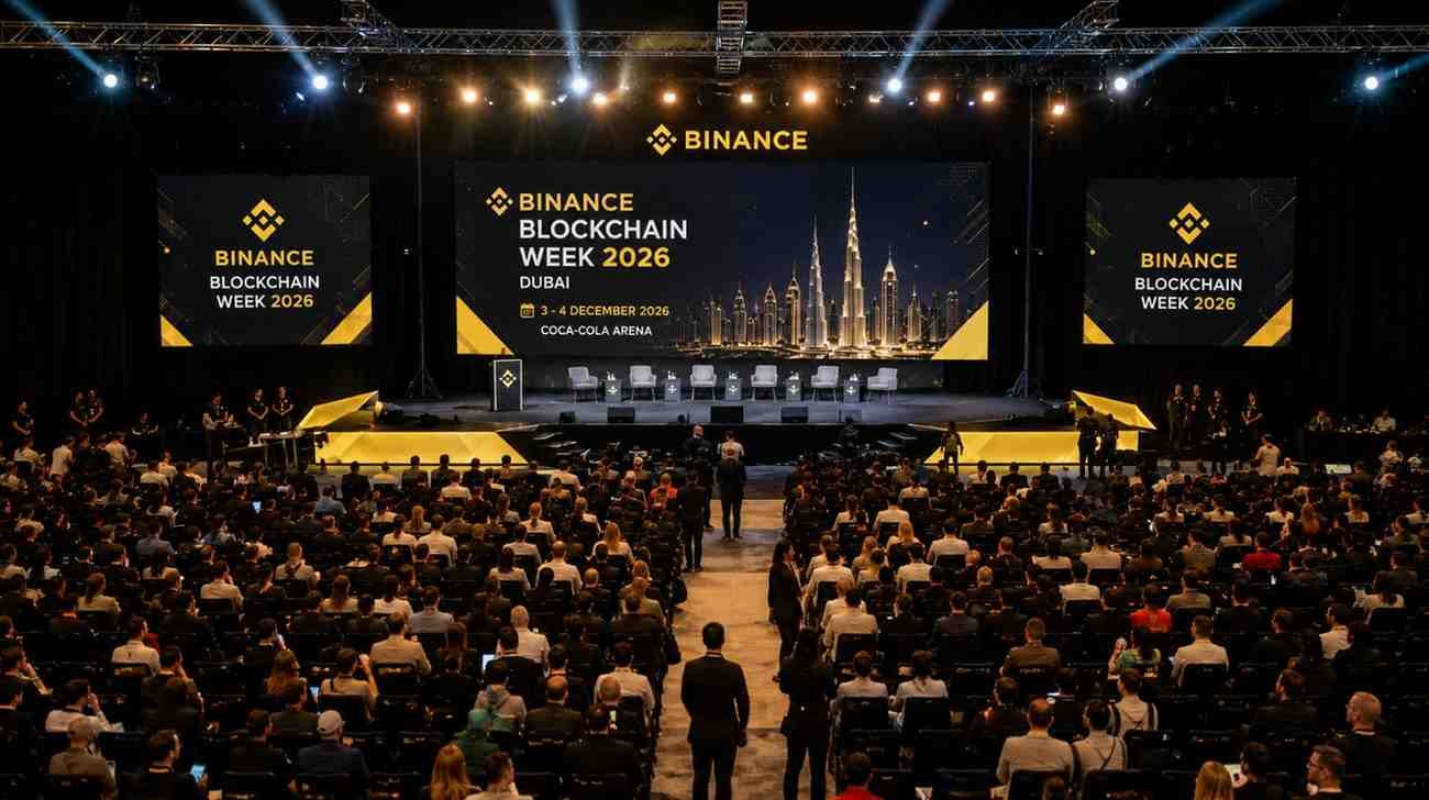 Audience attending Binance Blockchain Week 2026 at Dubai's Coca Cola Arena, with a large stage displaying Binance branding, the 2026 event dates, speaker seating, and hundreds of blockchain professionals gathered for the conference.