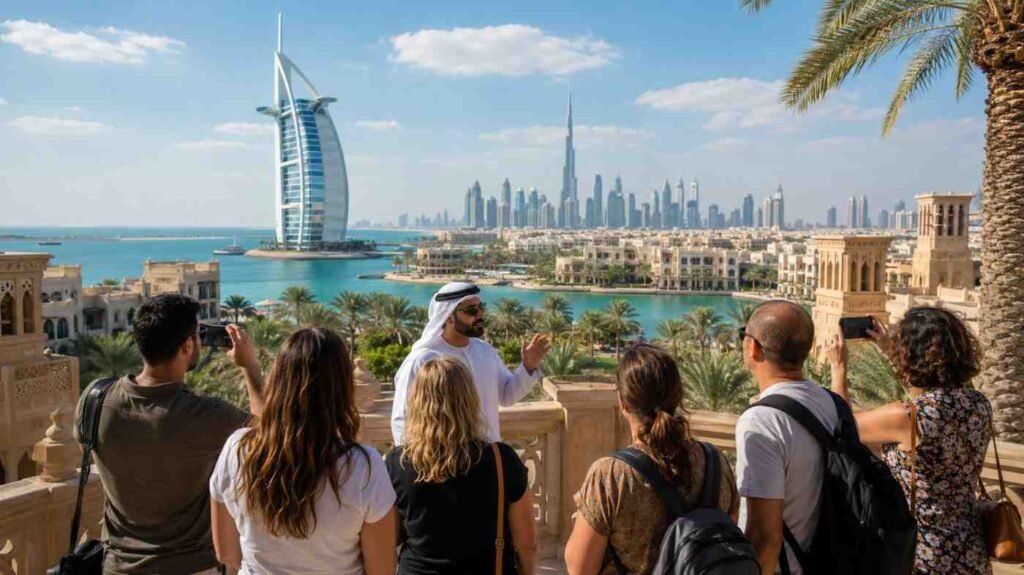 A group of tourists on a guided Dubai city tour stand on a terrace overlooking the city while a local guide points out landmarks. Visitors take photographs as the Burj Al Arab, palm lined resorts, turquoise waterways, and the Burj Khalifa rise beneath a bright blue sky.