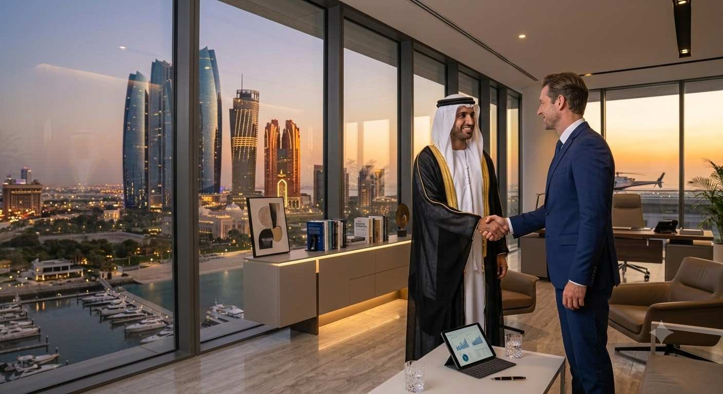 Two business professionals shake hands in a modern UAE office overlooking the Abu Dhabi skyline and marina at sunset, representing business partnerships, foreign investment and company setup in the UAE.