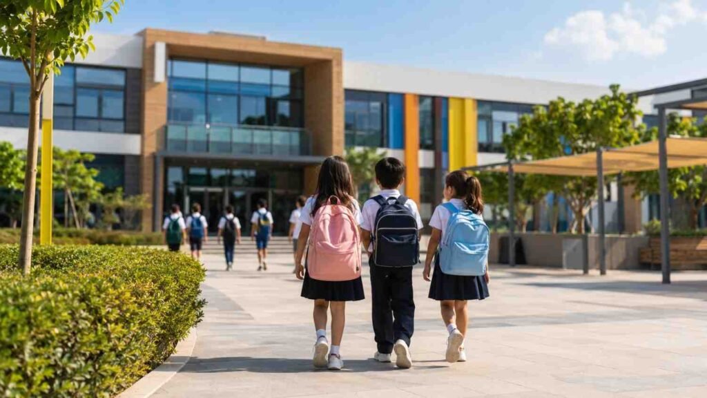 Children walking toward a modern Dubai school campus on the first day of the 2026 academic year, with colorful classrooms and landscaped grounds.