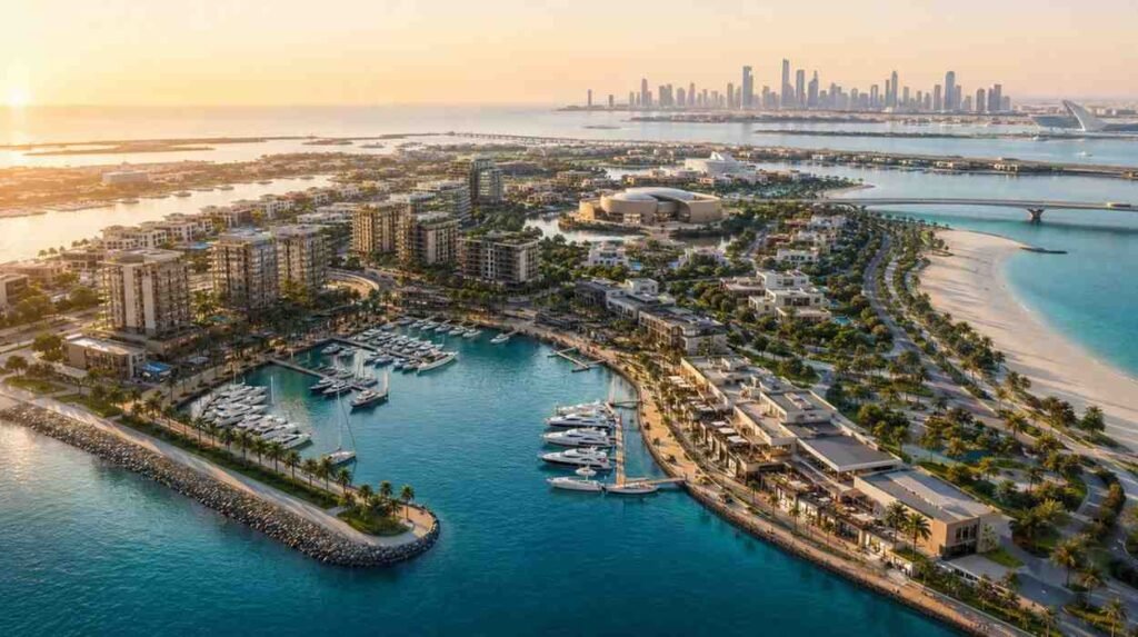Aerial view of Marsa Al Saadiyat waterfront in Abu Dhabi, featuring a luxury marina, beachfront residences, palm lined promenades, turquoise waters, and the city skyline in the background.