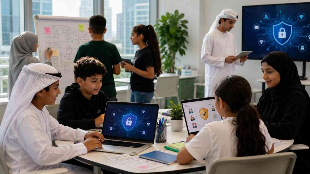 Emirati students and instructors participate in a cybersecurity workshop, using laptops and tablets to learn about online safety, digital identity protection, and entrepreneurship in a modern classroom setting in the UAE.