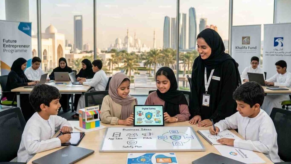Children attending the Future Entrepreneur Programme work on business ideas and digital safety projects with a mentor in Abu Dhabi, while banners from the Khalifa Fund and the UAE Cyber Security Council are displayed in the background.