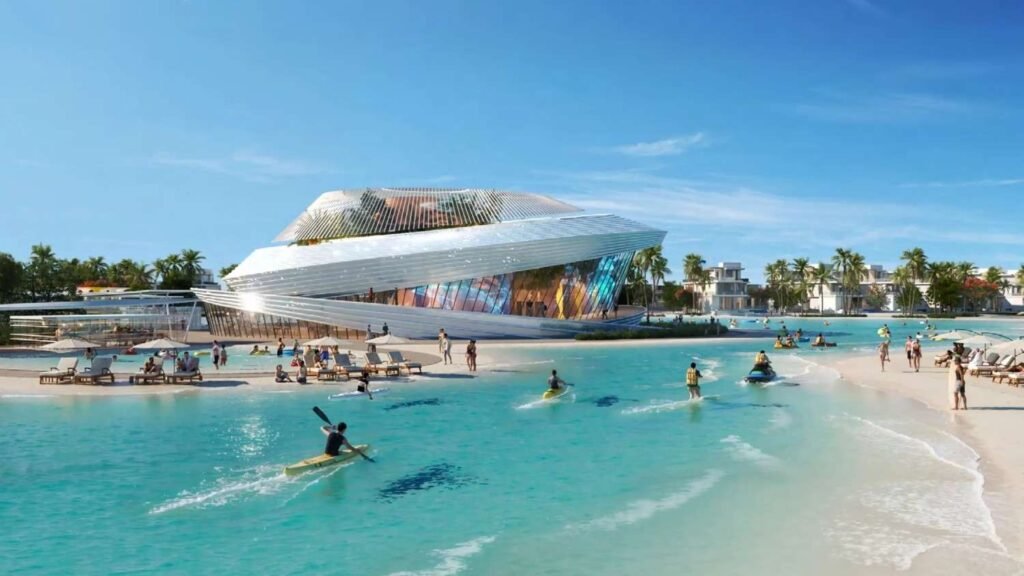 Luxury beachfront clubhouse at DAMAC Islands featuring crystal clear lagoons, sandy beaches, water sports, modern architecture, and resort style amenities in Dubai.