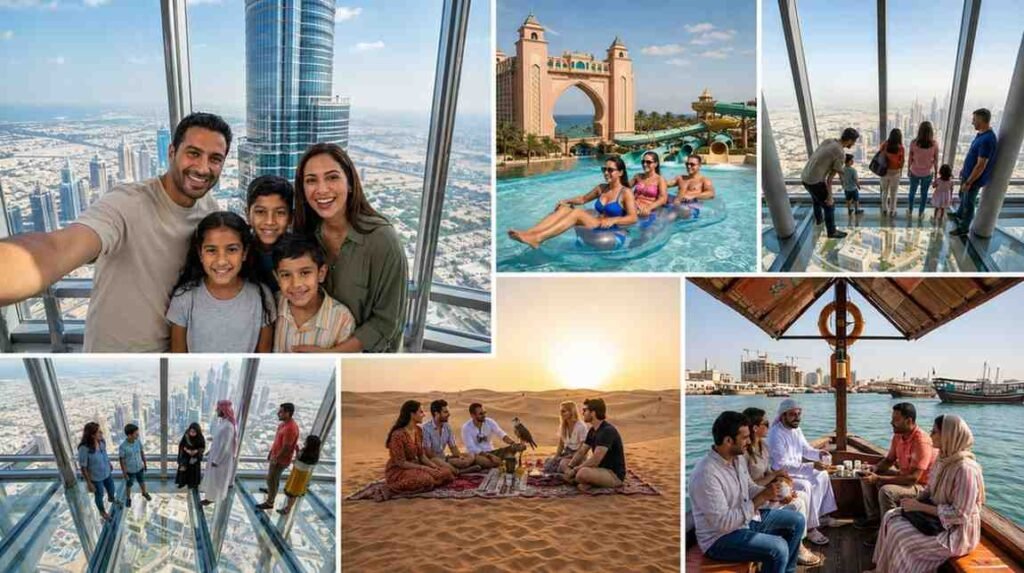 Collage showing popular Dubai experiences, including Burj Khalifa observation decks, Atlantis Aquaventure, a desert safari, and a traditional dhow cruise.
