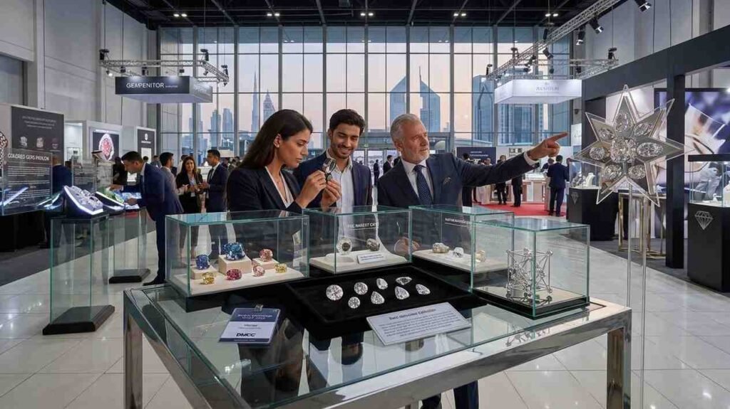 Business professionals examining natural diamonds and luxury jewellery displays during Dubai Diamond Week at the Dubai Diamond Exchange, with exhibitors and visitors networking inside the exhibition hall.