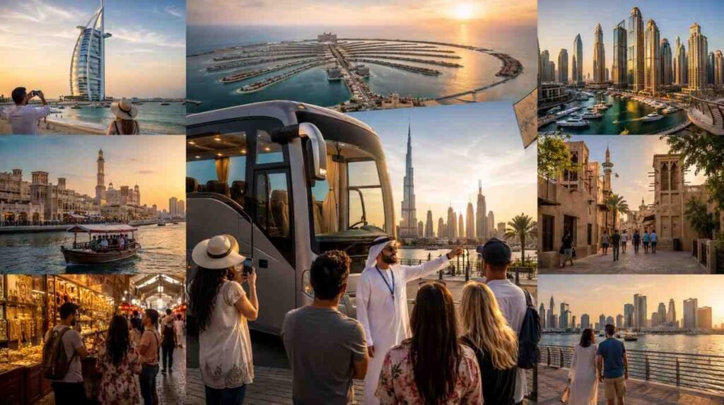A wide, golden hour collage of a Dubai city tour featuring the Burj Al Arab, Palm Jumeirah, Dubai Marina, Dubai Creek, Al Fahidi Historical District, and the Gold Souk. In the center, a local guide stands beside a modern tour bus while a diverse group of tourists takes photographs of Dubai's skyline, highlighting the contrast between the city's traditional heritage and modern architecture.