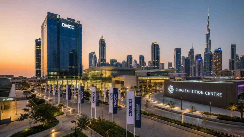 The Dubai Exhibition Centre and DMCC district at sunset, featuring the Burj Khalifa skyline and one of the main venues hosting Dubai Diamond Week 2026.