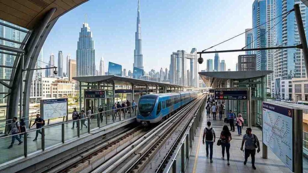 Dubai Metro train arriving at a modern station with Burj Khalifa and Downtown Dubai skyline in the background.