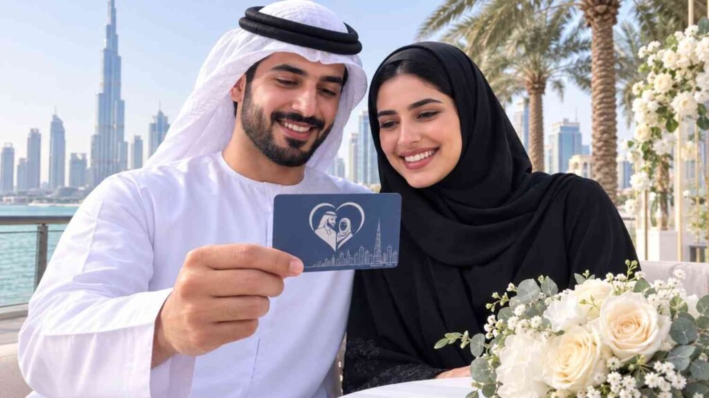Emirati newlywed couple holding the Dubai Happiness Card with the Burj Khalifa and Dubai skyline in the background, representing wedding benefits for couples in the Dubai Weddings programme.
