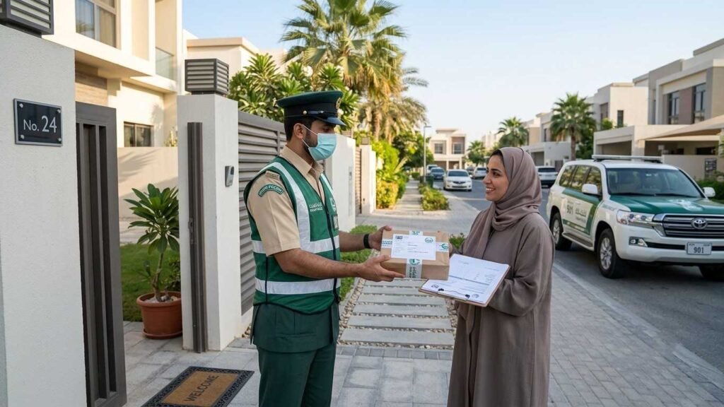 Dubai Police officer delivering a recovered lost item to a resident at her home, with the recipient signing confirmation documents beside a Dubai Police service vehicle in a residential neighbourhood.