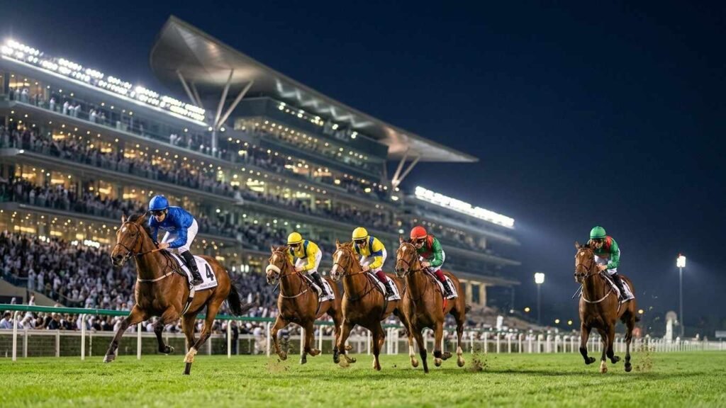 Thoroughbred horses racing under floodlights at Meydan Racecourse during the Dubai Racing Carnival.