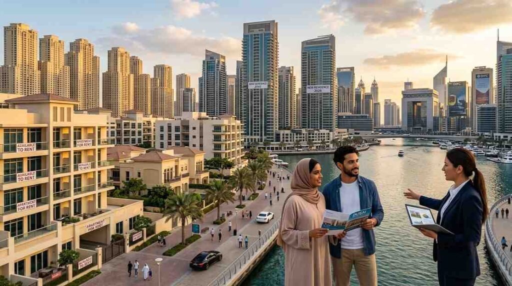 Dubai Marina skyline during sunset, showing residential towers, apartment rental signs, and a real estate agent speaking with a couple about property opportunities in Dubai's 2026 housing market.