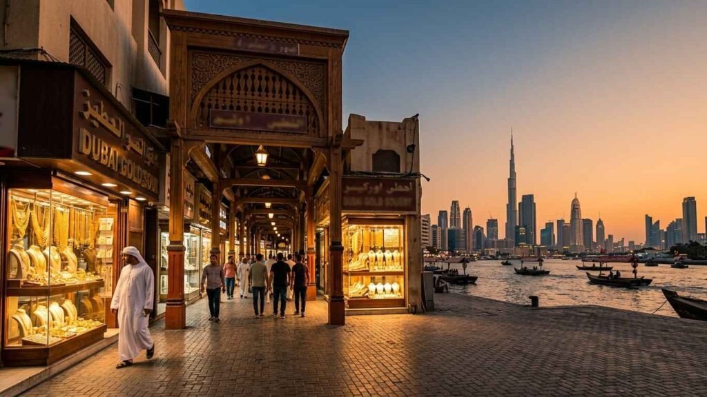 Dubai Gold Souk with glittering jewelry shops and Burj Khalifa skyline at sunset.