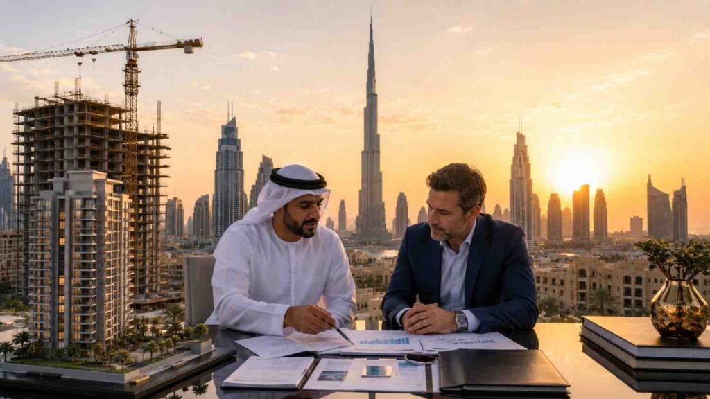 Two investors review property documents on a rooftop overlooking downtown Dubai at sunset, with the Burj Khalifa and an off plan residential development visible in the background.