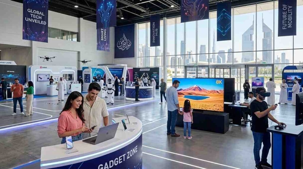 Visitors explore smartphones, laptops, smart TVs, VR technology, and robotics at a modern electronics exhibition in Dubai, representing the Dubai Electronics Festival 2027.