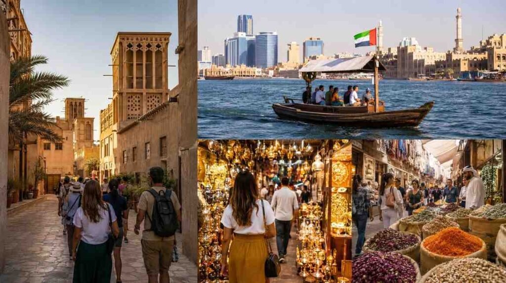 Tourists explore the Al Fahidi Historical District in Dubai, walking through narrow alleyways lined with traditional wind tower buildings, riding an abra across Dubai Creek, and browsing the bustling Gold Souk and Spice Souk. Warm sunlight highlights the contrast between Dubai's historic architecture and the modern skyline in the background.