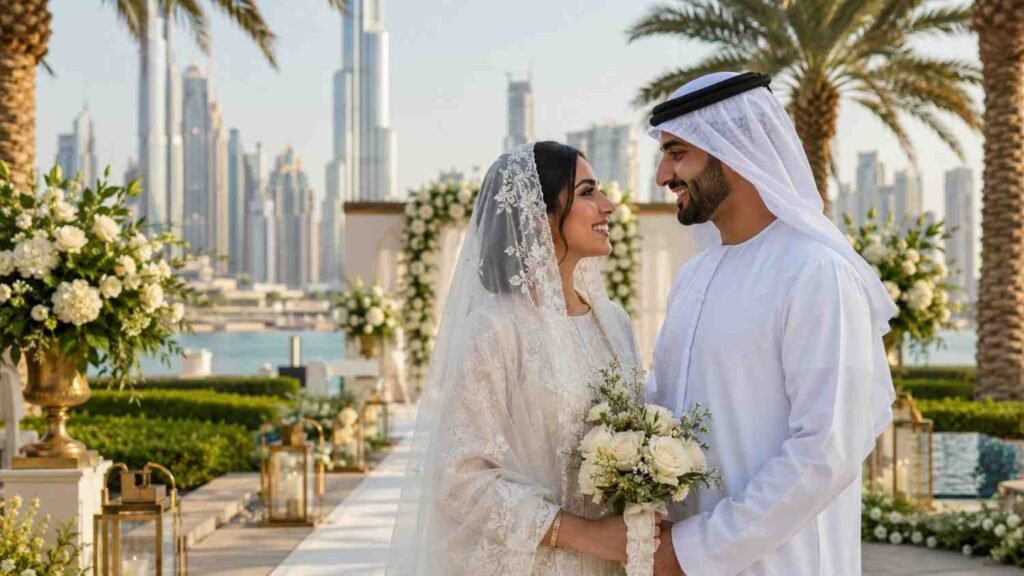 Emirati bride and groom at an outdoor wedding venue in Dubai with the Burj Khalifa skyline behind them, symbolising the Dubai Weddings programme and government support for newly married couples.
