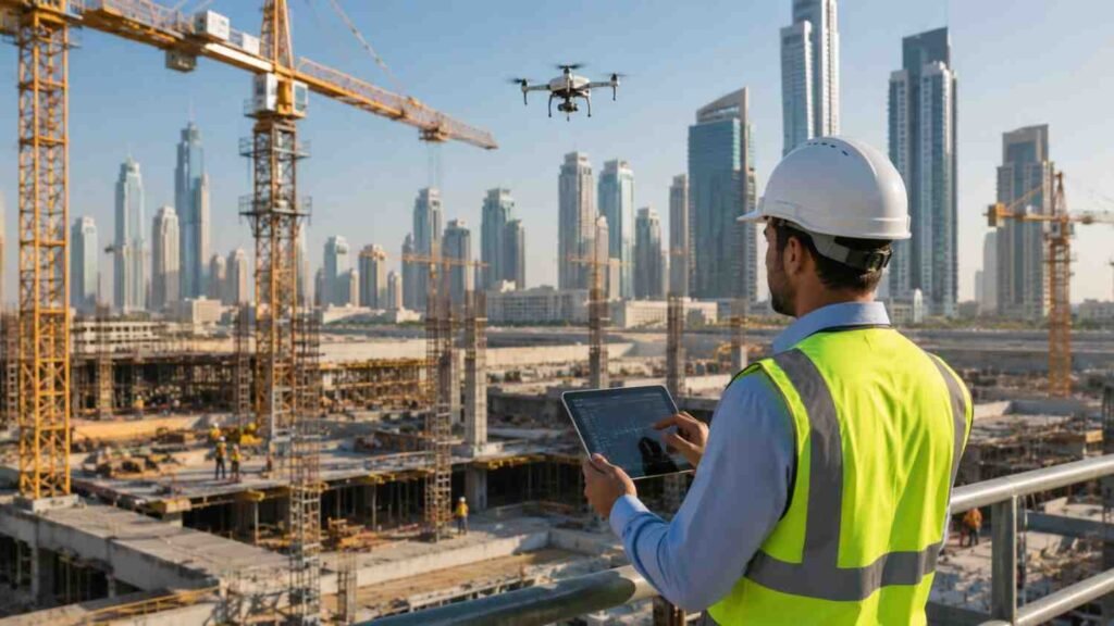 An engineer oversees a smart construction project in Dubai while using a tablet to monitor AI driven systems, cranes, and aerial drones across the construction site.
