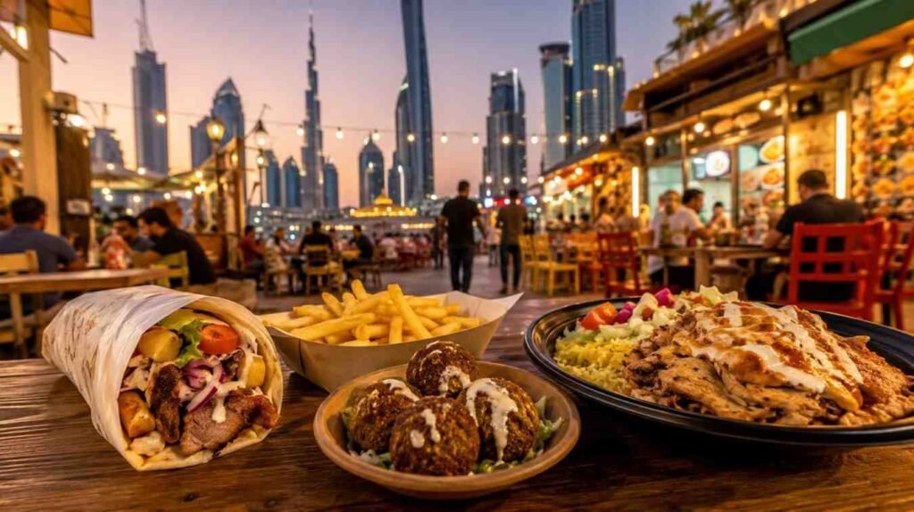 Middle Eastern street food platter with shawarma, falafel, fries, and grilled chicken served at an outdoor restaurant in Dubai with the city skyline at sunset.