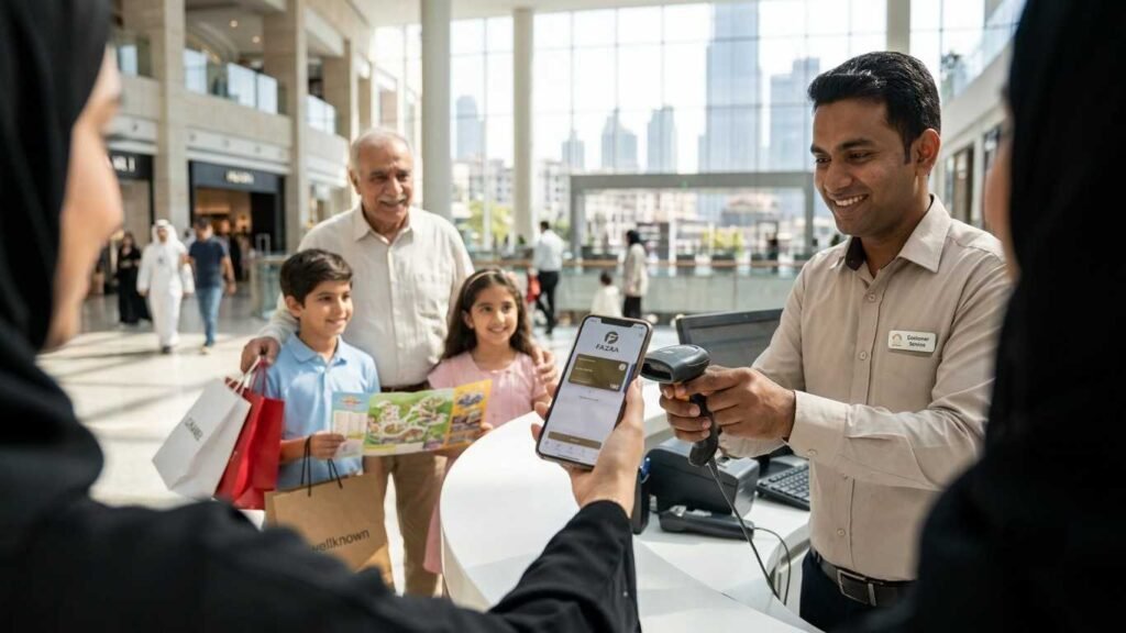 A shopper presents a digital Fazaa card on a smartphone while paying at a shopping mall checkout in the UAE, with a family waiting nearby, demonstrating how Fazaa members redeem discounts at participating stores.