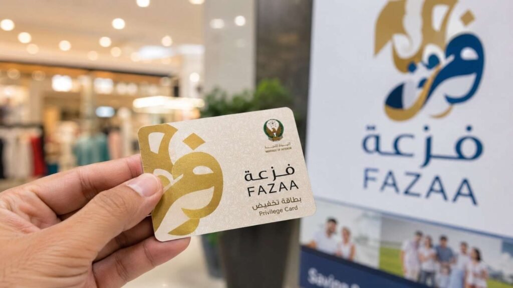 Close up of a hand holding a Fazaa Privilege Card inside a UAE shopping mall, with the Fazaa logo displayed in the background, highlighting the membership card used for exclusive discounts and benefits.