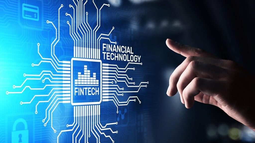 Illustration of fintech technology with digital circuits and a hand interacting with a virtual financial interface.