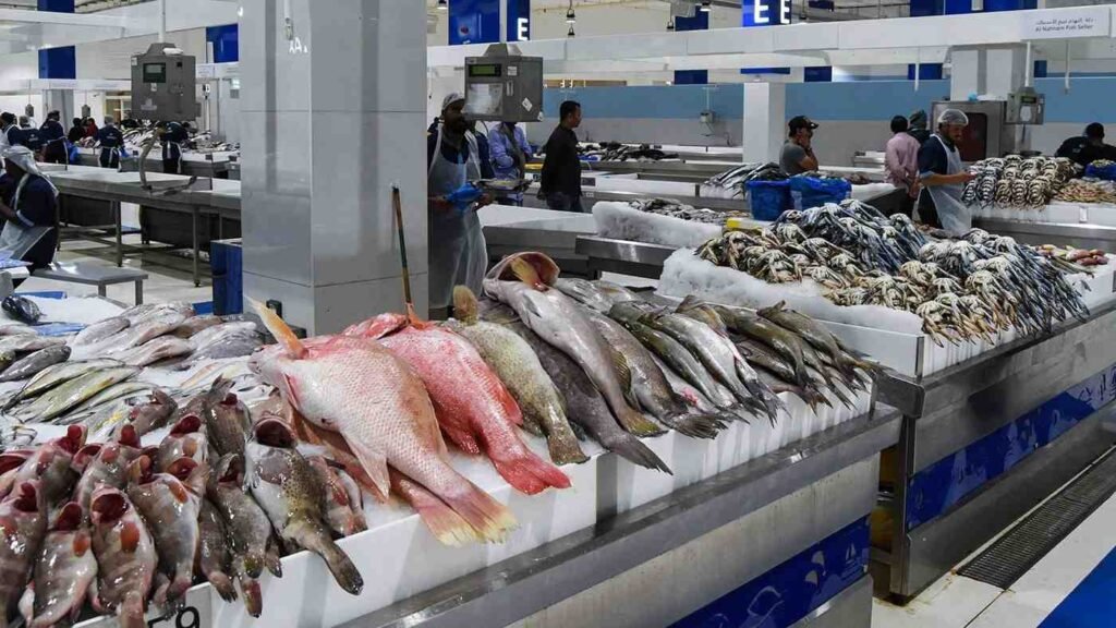 Fresh seafood displayed on ice inside Dubai's modern Waterfront Market in Deira, featuring a clean indoor fish market with a wide selection of local fish, prawns, crabs, and seafood vendors.