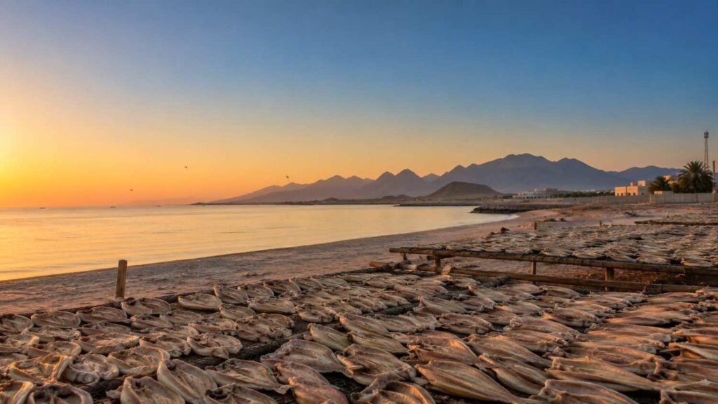 Fish drying by the seaside at sunset