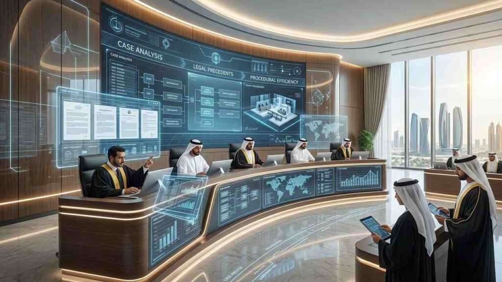 Modern UAE courtroom with judges using a large AI powered judicial platform displaying case analysis, legal precedents, document review, and court analytics to streamline legal research and court procedures.