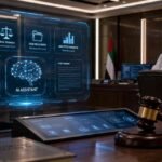 AI judicial assistant interface in a UAE courtroom showing document analysis, legal research, case precedents, and analytics beside a judge's desk with a gavel, symbolizing AI assisted court decision support.