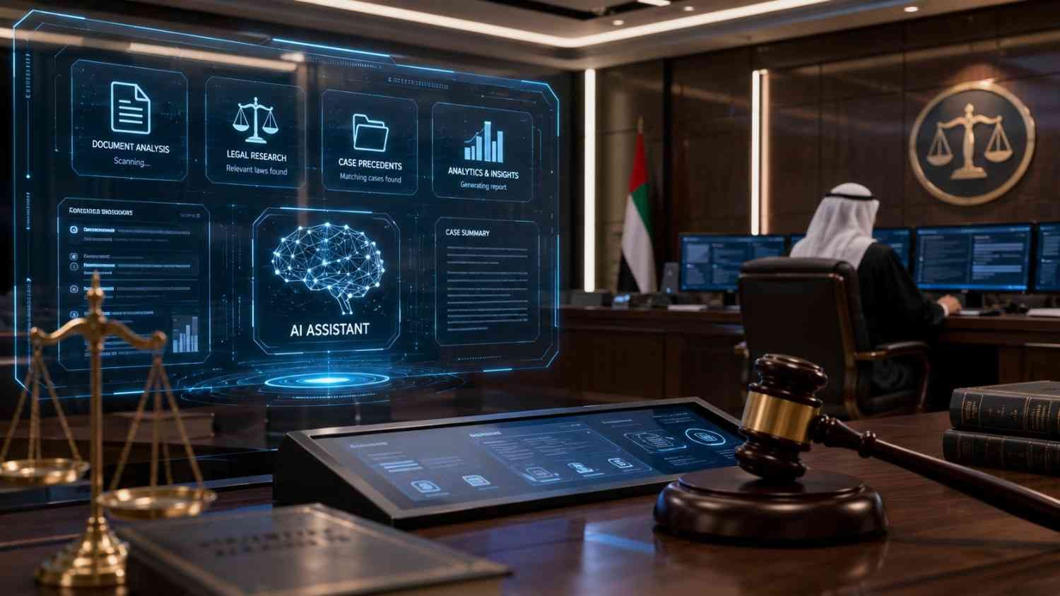 AI judicial assistant interface in a UAE courtroom showing document analysis, legal research, case precedents, and analytics beside a judge's desk with a gavel, symbolizing AI assisted court decision support.