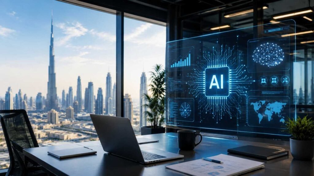 Futuristic office with city skyline view