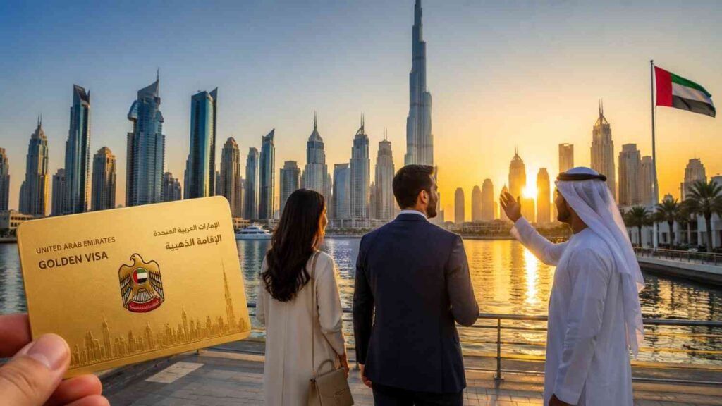 An Emirati adviser speaks with foreign investors beside Dubai Marina at sunset while a UAE Golden Visa card is displayed in the foreground.