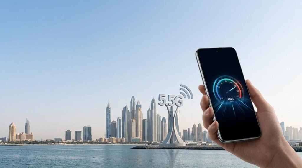 Hand holding a smartphone displaying a 5.5G speed test against the Dubai skyline, illustrating high speed mobile connectivity and next generation 5.5G network technology in the UAE.