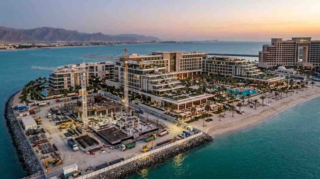 Janu Al Marjan Island construction site beside the beachfront Wynn Al Marjan Island resort in Ras Al Khaimah, showing cranes, ongoing development, luxury hotels, and the Arabian Gulf coastline.