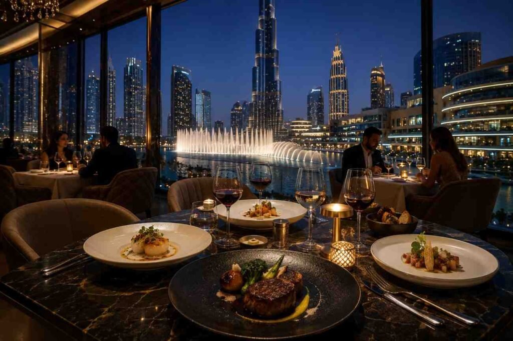 Luxury fine dining restaurant in Downtown Dubai overlooking the Burj Khalifa and Dubai Fountain, with gourmet dishes, wine, and elegant evening city views.