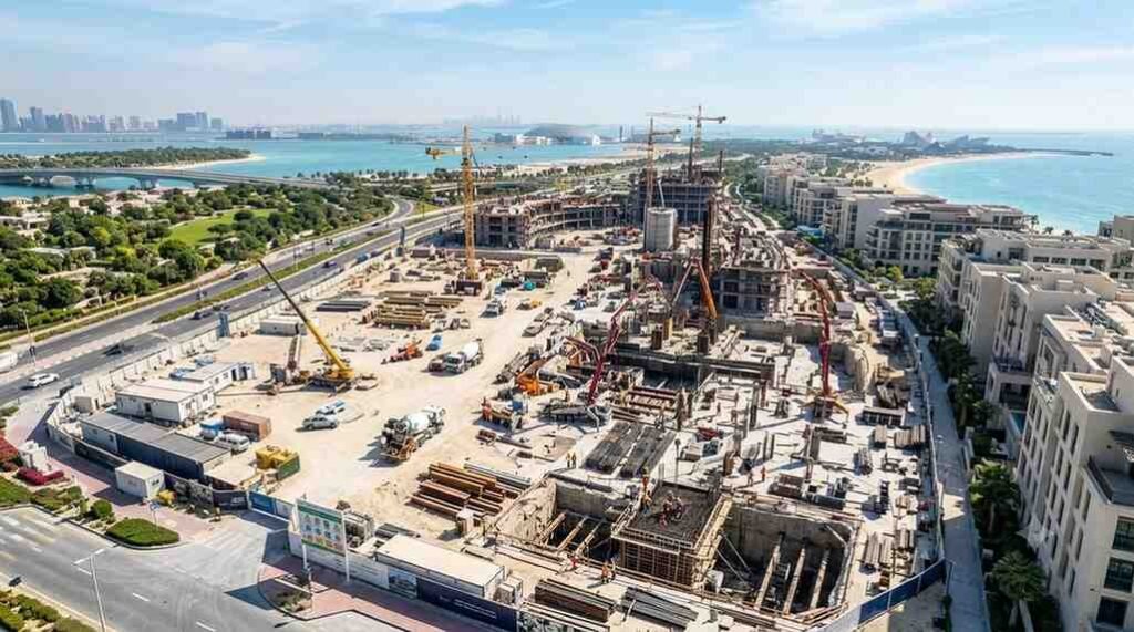 Construction progress at Marsa Al Saadiyat on Saadiyat Island, showing cranes, new residential buildings, nearby beaches, and Abu Dhabi's waterfront as the Dh100 billion development takes shape.